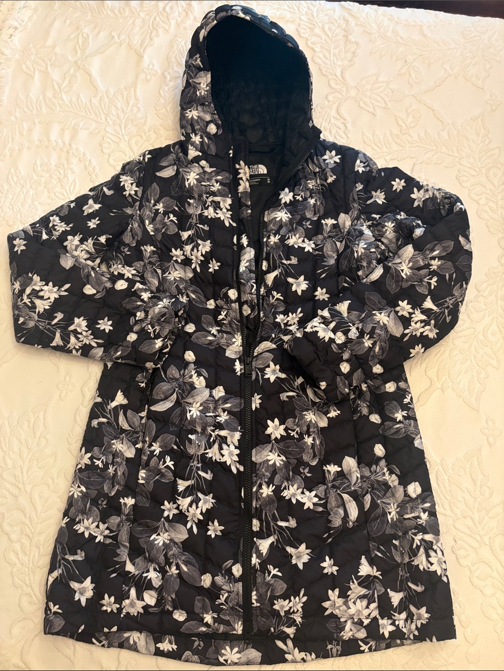 The North Face Black and White Floral Quilted Hooded Coat